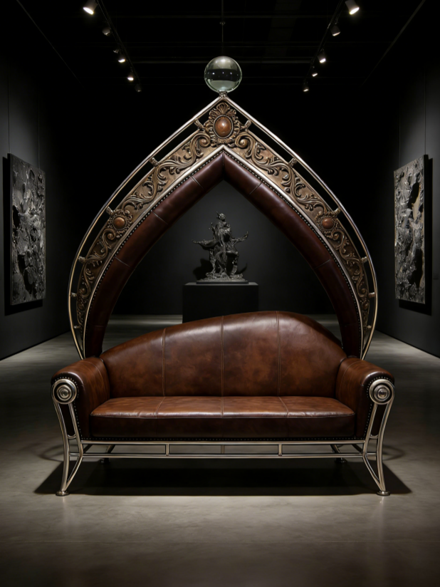 Steampunk-Inspired Leather Loveseat | Statement Art Piece for Living Room