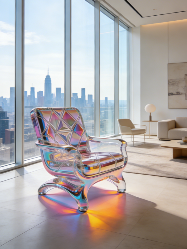 Cyberpunk Iridescent Crystal Chair | Futuristic Transparent Art Furniture