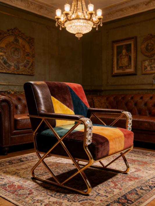 Retro Patchwork Crystal Armchair | Luxury Palace-Style Living Room Lounge Chair