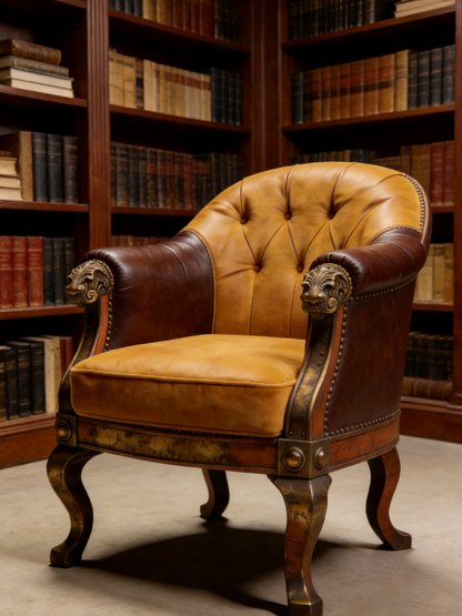 Vintage Lion-Head Leather Armchair | Distressed Luxury Living Room Lounge Chair
