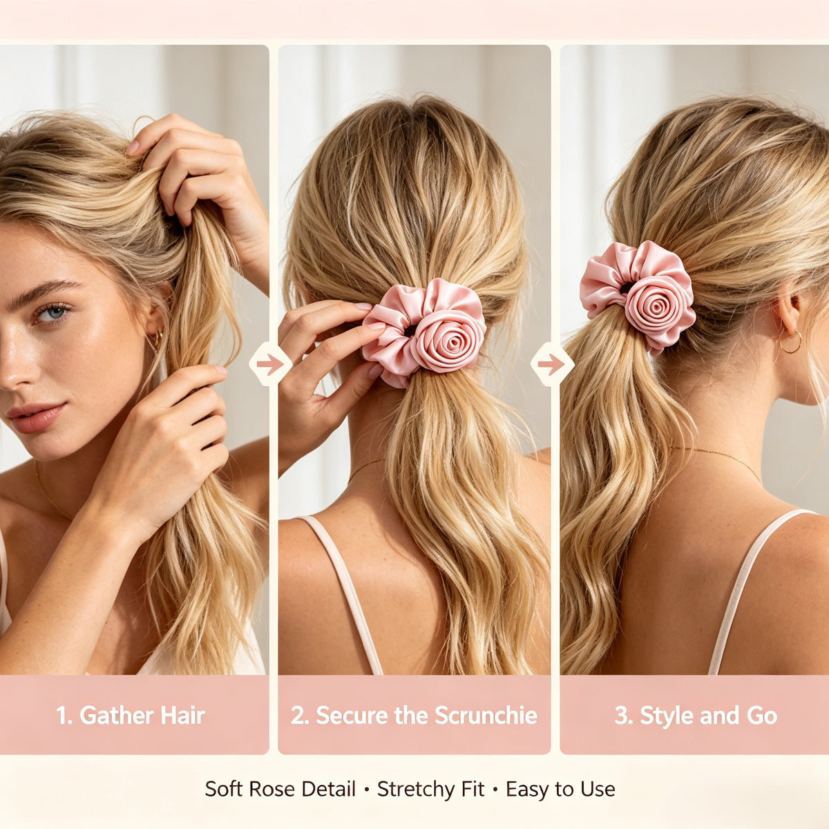 Purmegreen® Pink Satin Rose Scrunchie