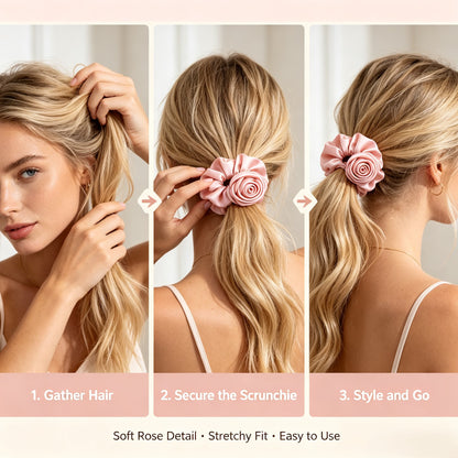 Purmegreen® Pink Satin Rose Scrunchie