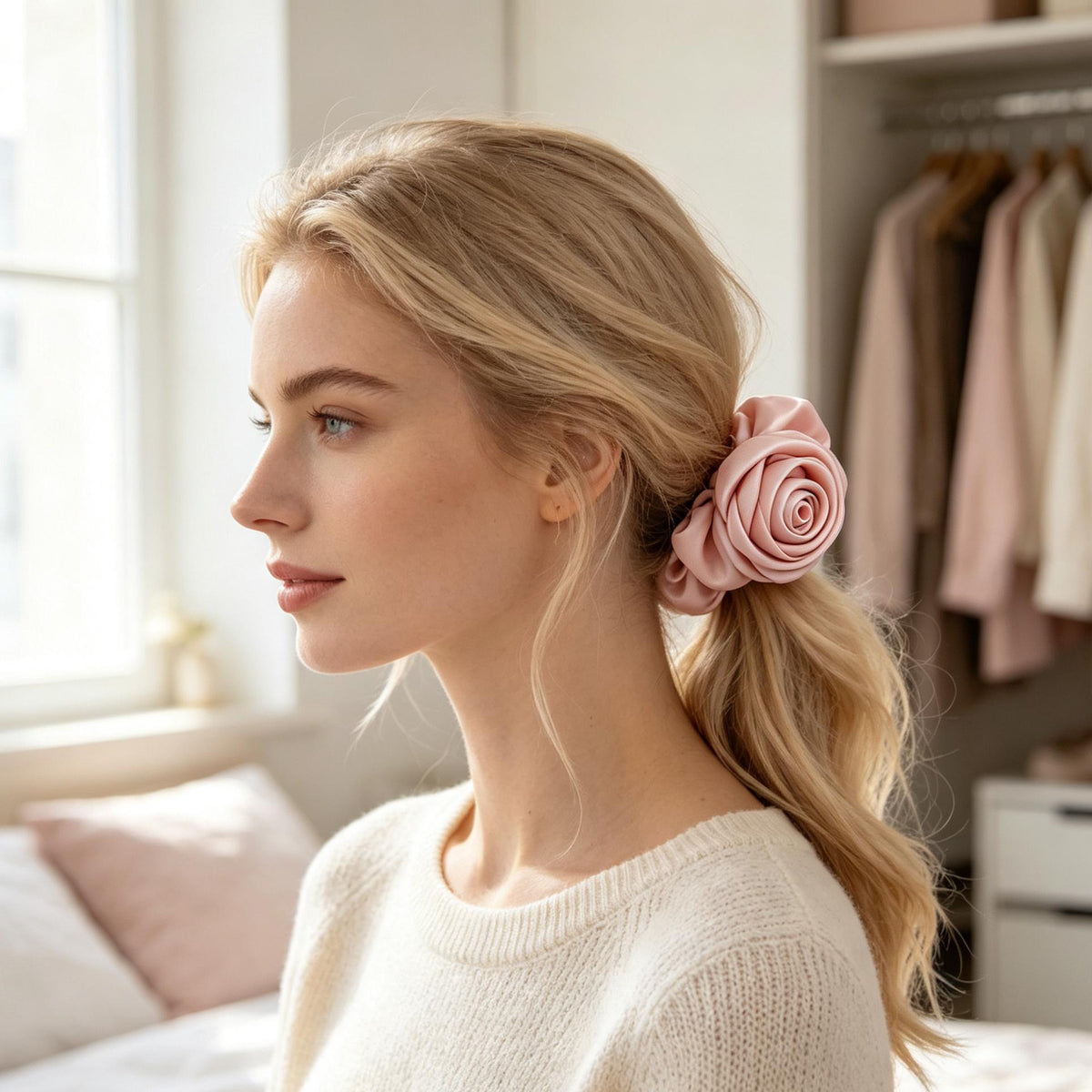 Purmegreen® Pink Satin Rose Scrunchie