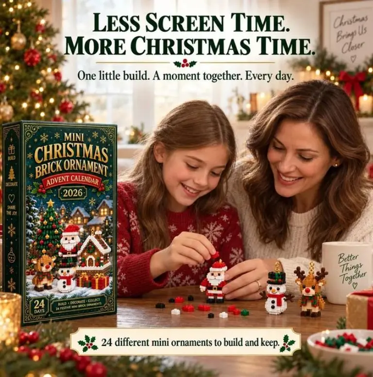 Child building a Christmas ornament beside an advent calendar