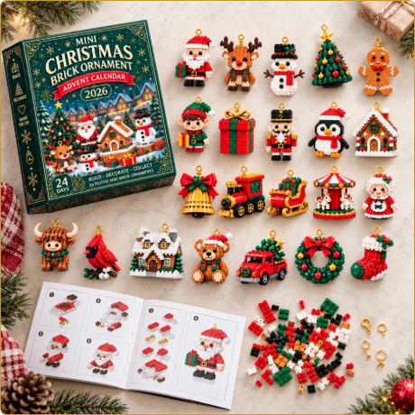 Christmas advent calendar, ornaments, building pieces and instructions