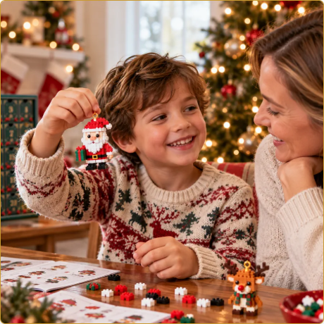 Child proudly showing a handmade Santa ornament