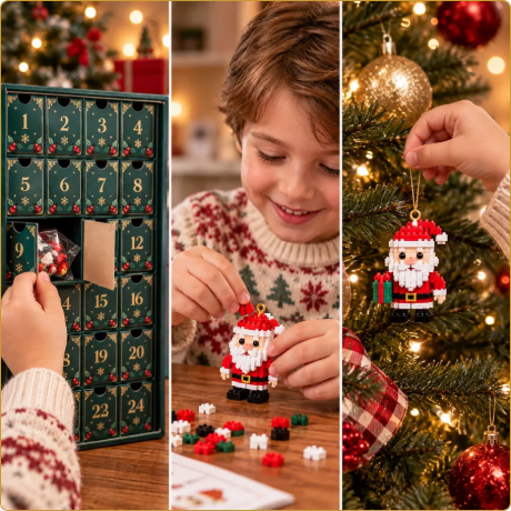 Opening the calendar, building a Santa ornament and hanging it on the tree